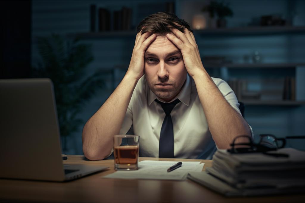 A stressed middle-aged man sitting at a desk late at night, surrounded by work documents and a half-empty glass of whiskey, looking tired and frustrated.