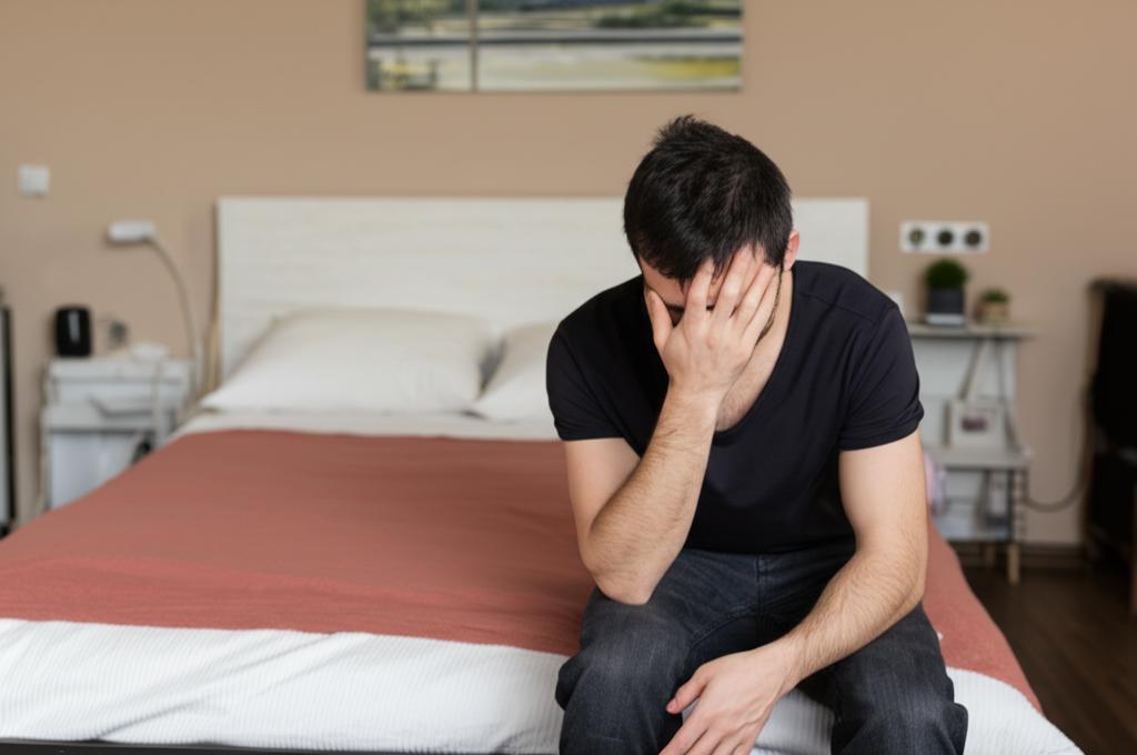 A worried man sitting on the edge of the bed, looking downcast, with a blurred bedroom background.