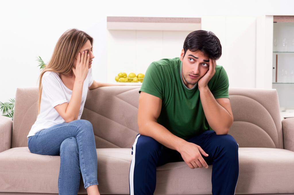 Man sitting on sofa looking tired after exercise, partner looking concerned