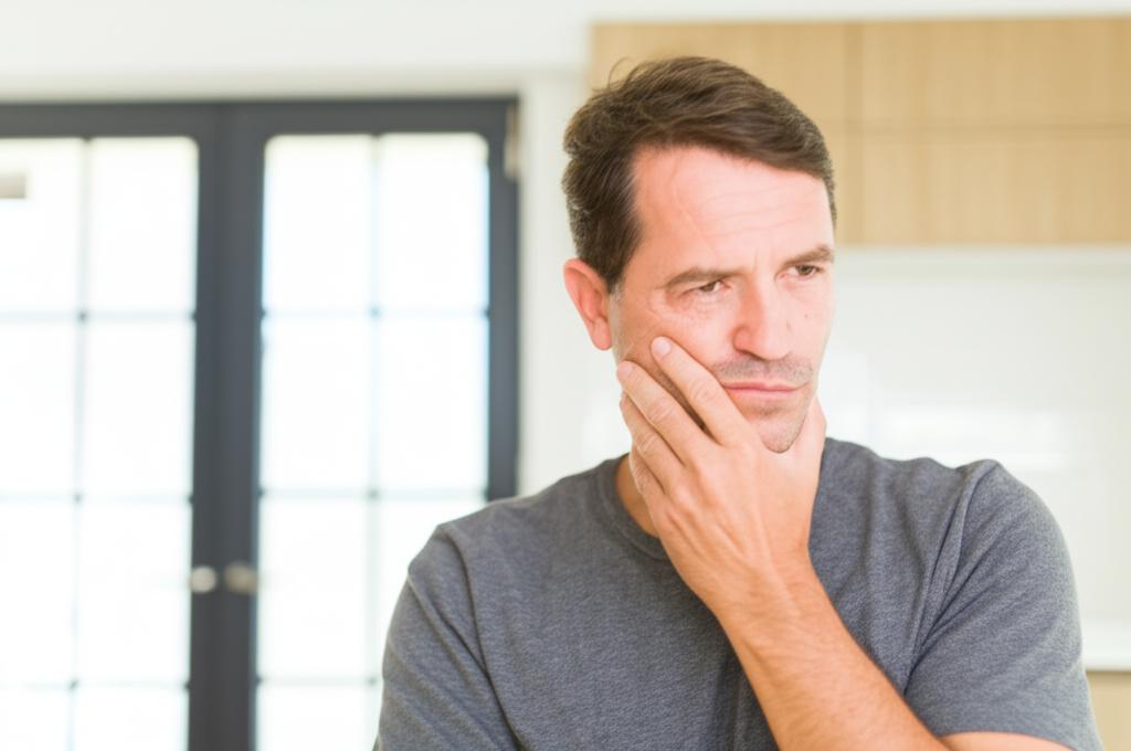 Middle-aged man feeling tired and stressed, thinking about health