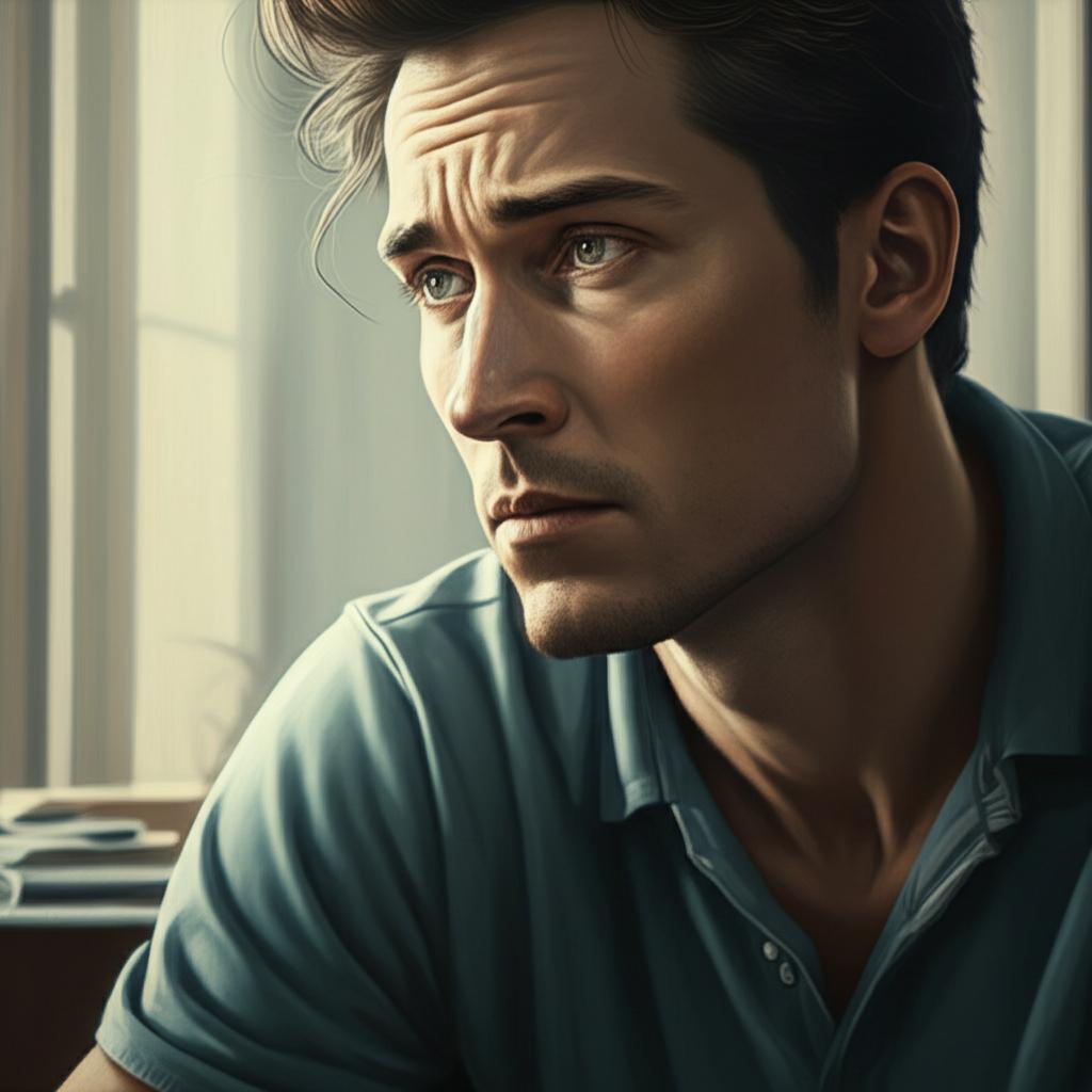 AI prompt: A man looking thoughtful and slightly concerned, sitting alone, with a subtle background suggesting internal reflection or anxiety. Use soft, muted colors.