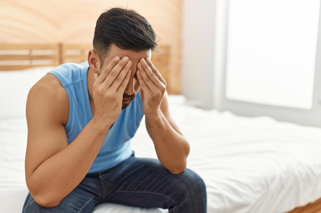 A man sitting on a bed looking frustrated or thoughtful, with a blurred background suggesting a bedroom setting.