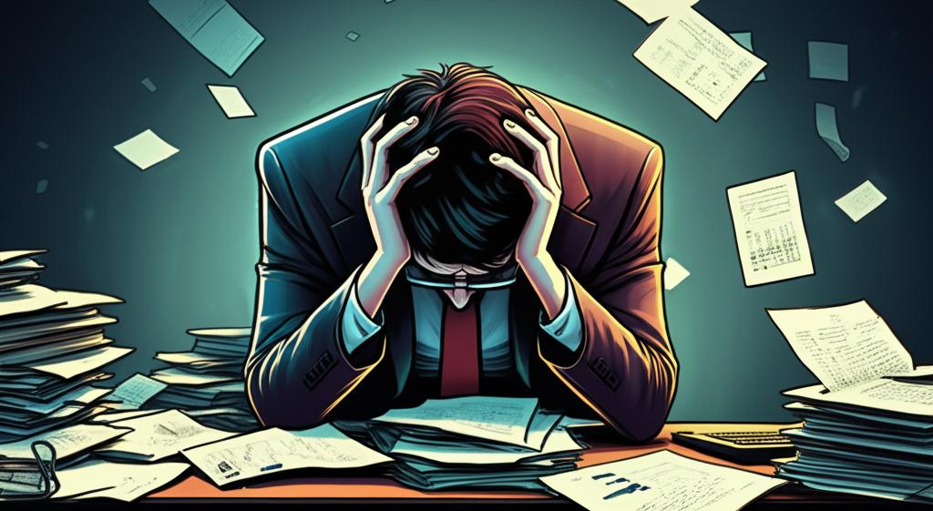 A tired office worker sitting at a desk, head in hands, looking exhausted, surrounded by work documents. AI generative art, realistic style.