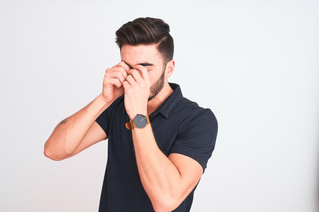 Young man looking tired and rubbing his eyes in the morning