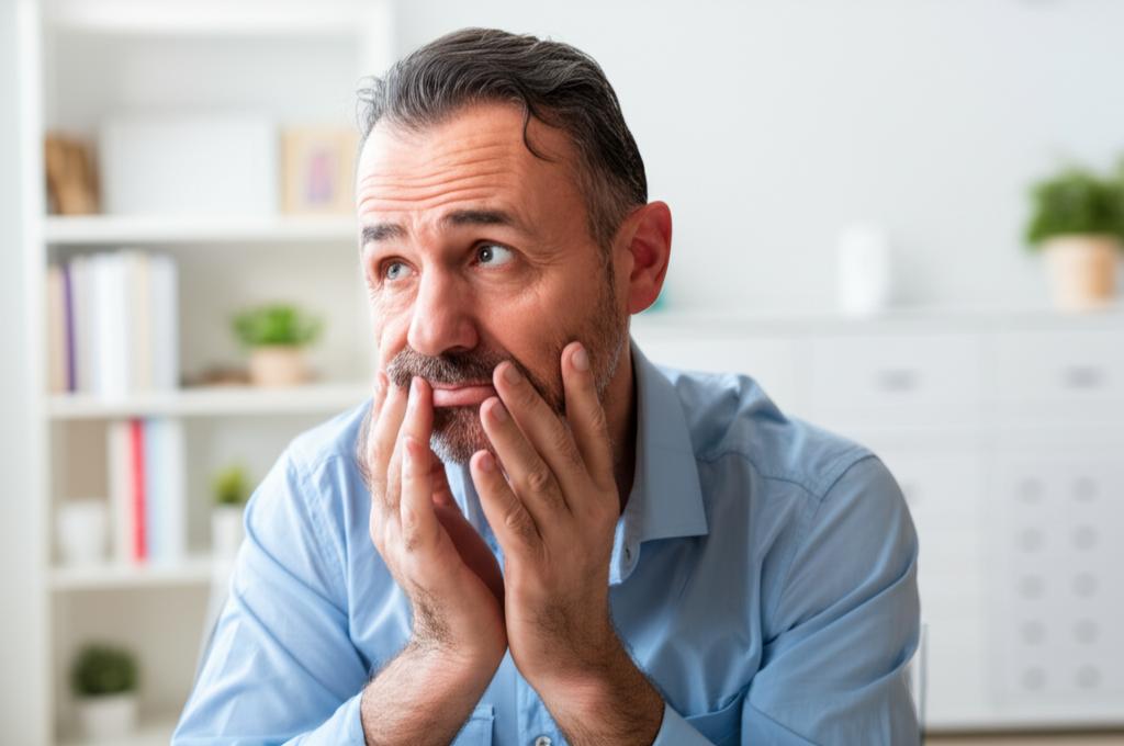 Middle-aged man looking worried or thoughtful, perhaps sitting alone