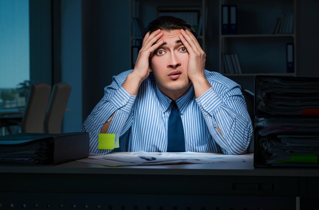 worried entrepreneur sitting at desk late at night, surrounded by paperwork, dim lighting, stress visible on face