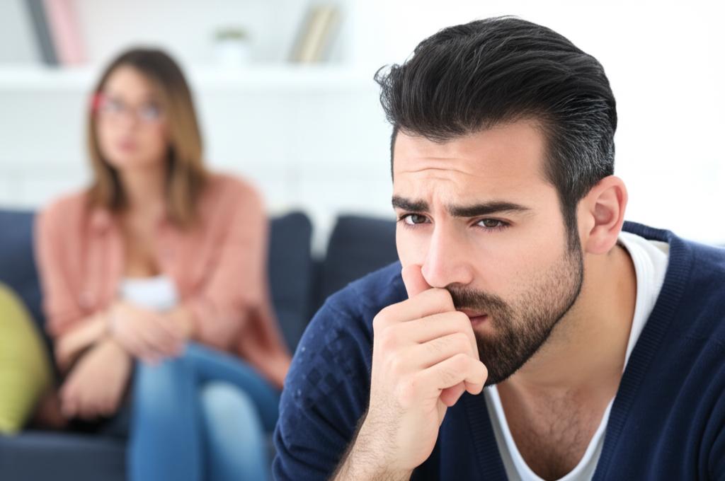 man sitting on sofa looking tired, distant from partner, relationship strain, low energy