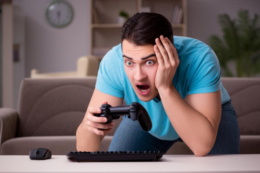 Image prompt: A young man with dark circles under his eyes, looking stressed while playing video games late at night.