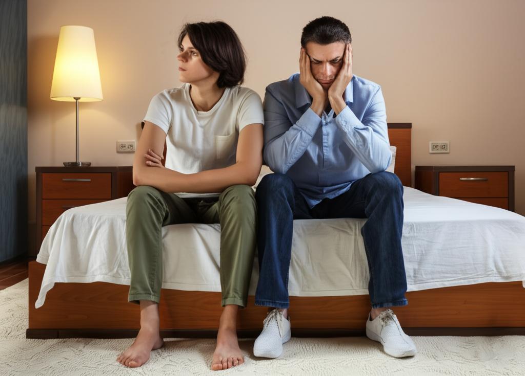 A couple sitting on the edge of the bed, looking tired and stressed.
