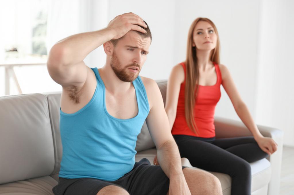 A man looking tired and frustrated after exercise, with a concerned partner looking at him.