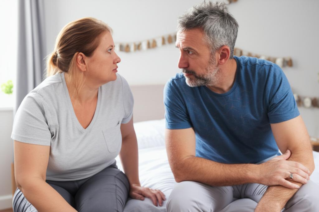 A middle-aged couple looking at each other with concern in their eyes, sitting on the edge of the bed.