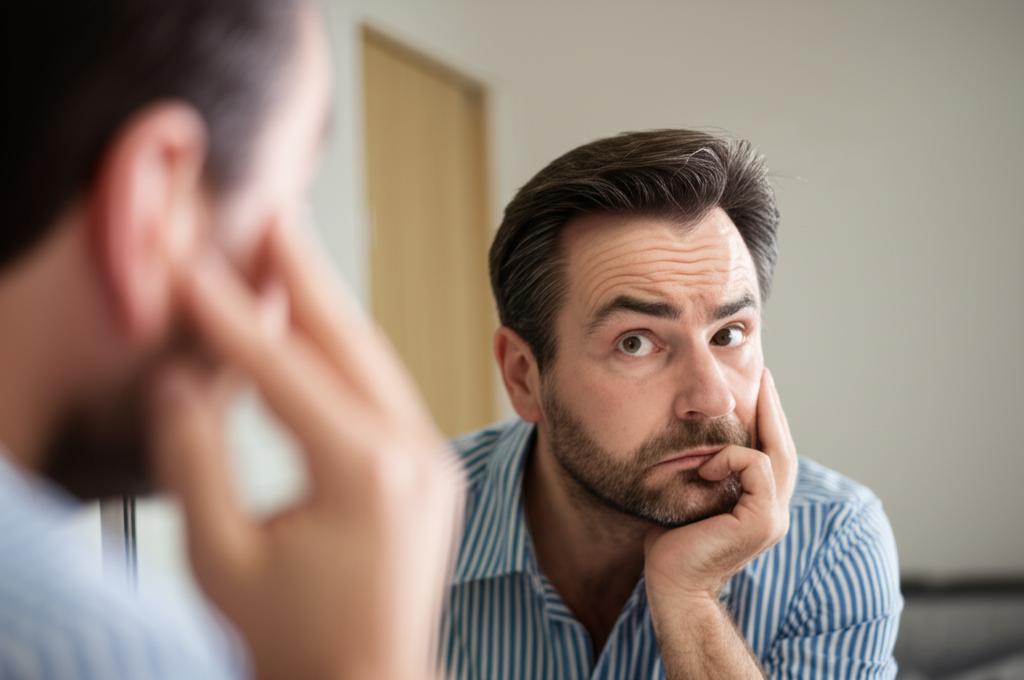 Middle-aged man looking thoughtfully at his reflection in the mirror, concerned expression.