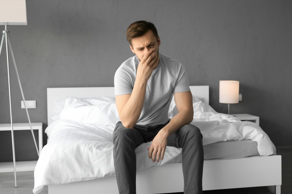 Worried man sitting on the edge of the bed, looking down