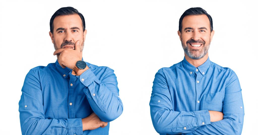 A before-and-after picture of a middle-aged man, showing him looking stressed and tired in the first image, and then smiling and confident in the second image.