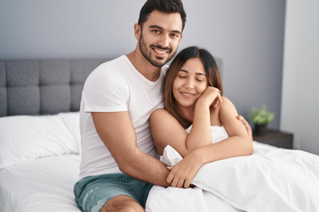 A smiling couple embracing in their bedroom, looking happy and intimate.