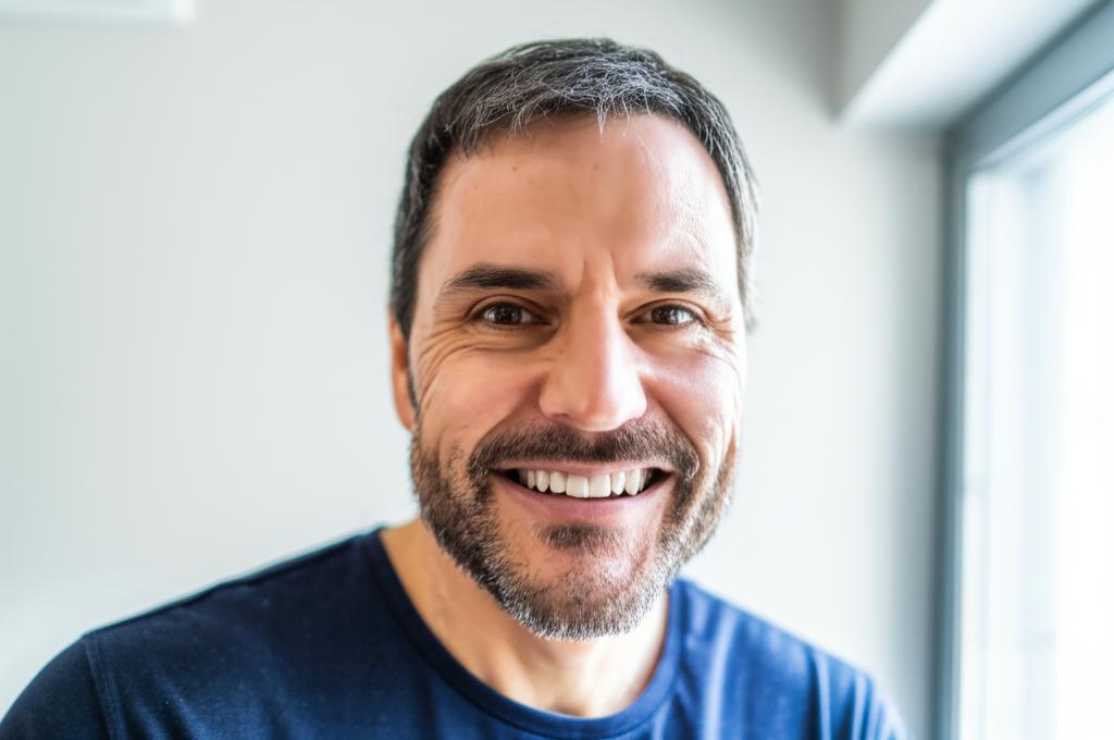 AI prompt: A man in his 40s smiling confidently, looking healthy and energetic. Use bright, positive lighting.