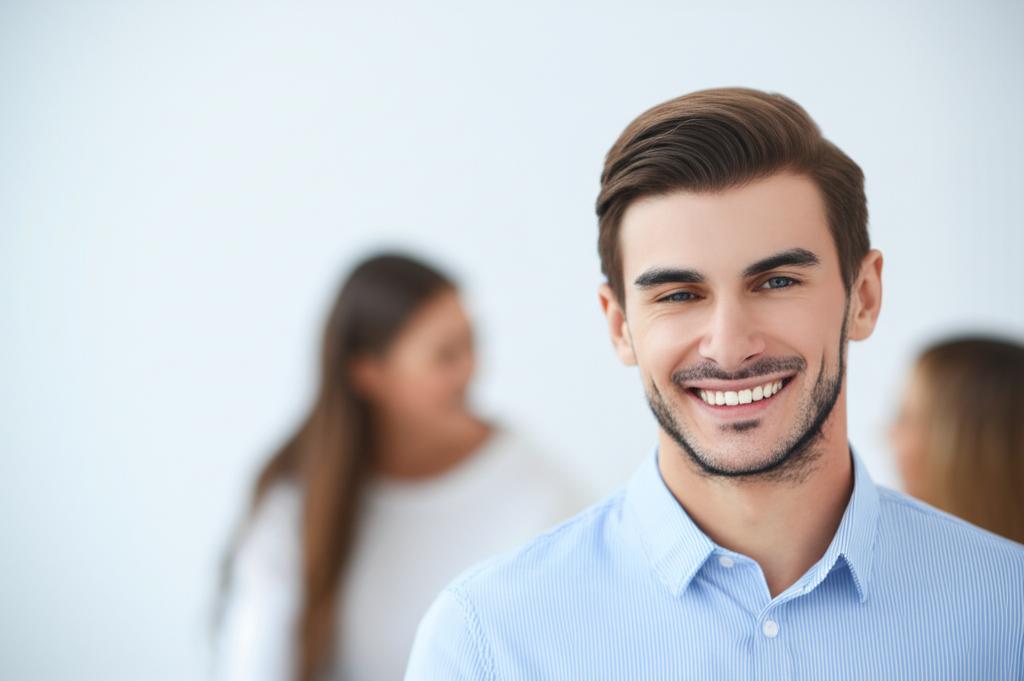 Man smiling confidently, perhaps with a partner in the background (blurred)