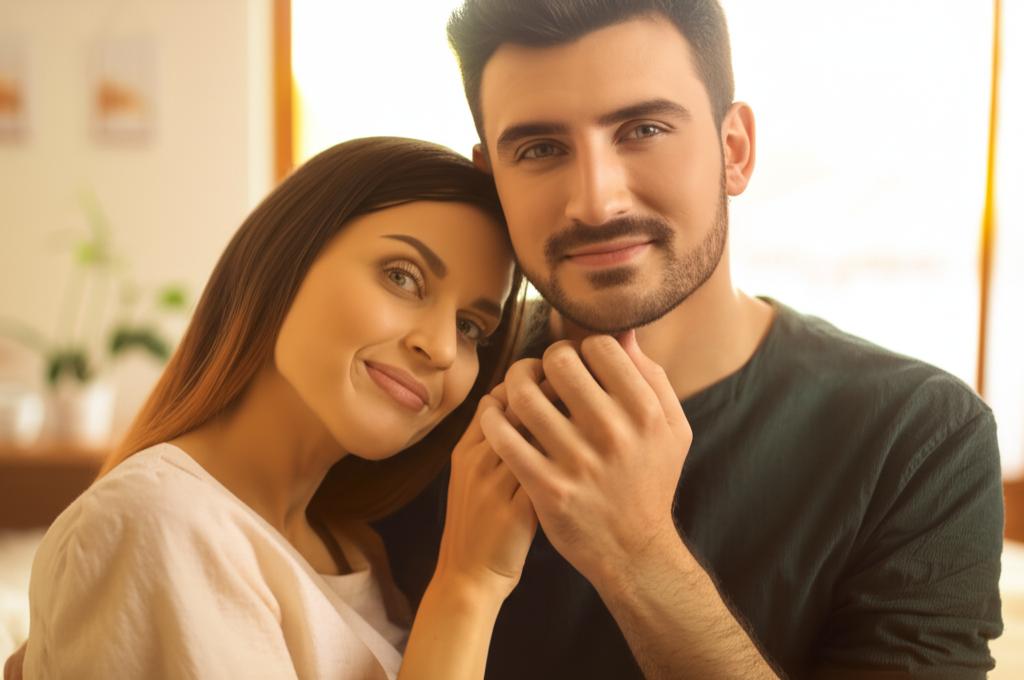 A couple holding hands or embracing, looking happy and relaxed in a warm setting.