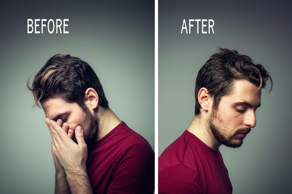 A before-and-after picture of a man, showing him looking tired and stressed in the before picture and energetic and healthy in the after picture.