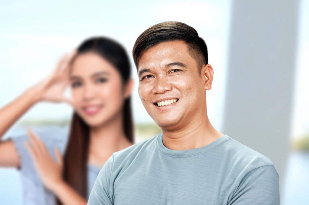 A middle-aged Thai man smiling confidently, looking energetic, with a slightly blurred image of a happy Thai woman in the background, conveying improved relationship