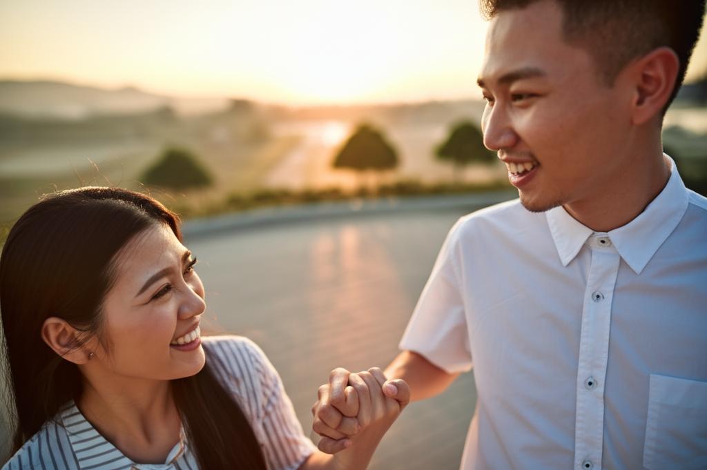 Middle-aged couple smiling and happy together, looking relaxed