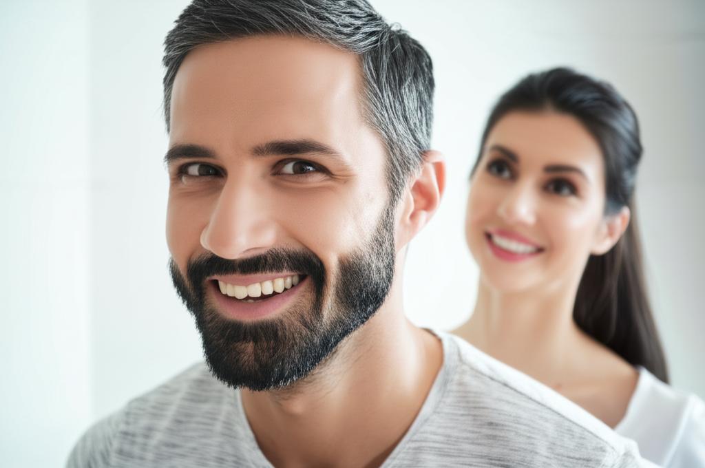 man looking energetic and confident, smiling with partner, happy couple, revitalized