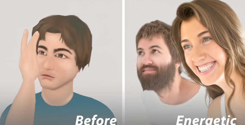 Image prompt: A before-and-after comparison of a young man. Before: tired, stressed. After: energetic, smiling with his girlfriend.