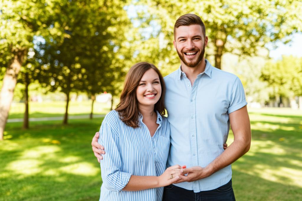 A smiling couple holding hands in a park, looking happy and relaxed.