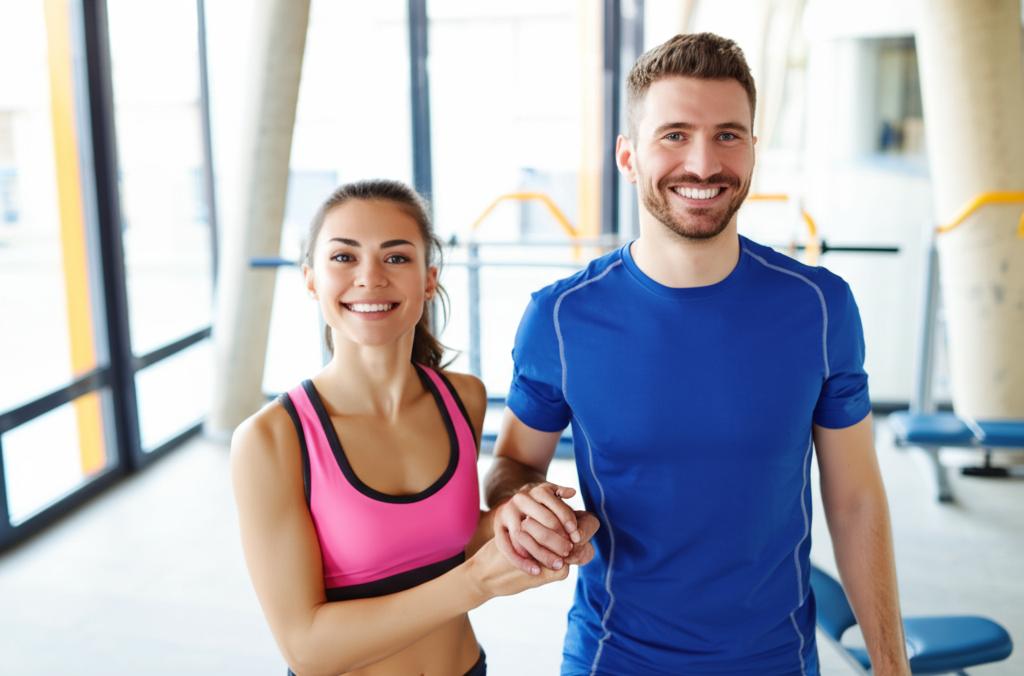 A happy couple smiling and holding hands after a workout.