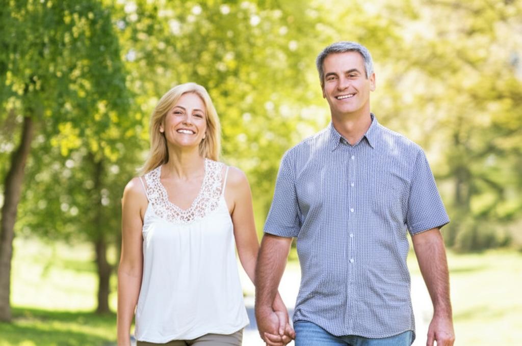 A happy middle-aged couple smiling and holding hands while walking in a park.