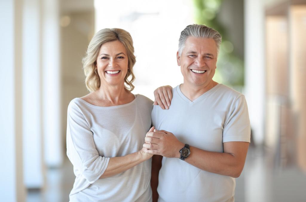 Smiling middle-aged couple holding hands, looking happy and content.