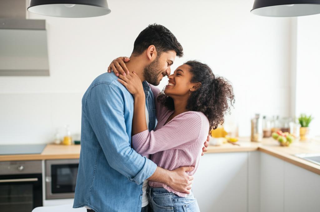 Happy couple hugging in a bright, modern kitchen, smiling and looking at each other with affection.
