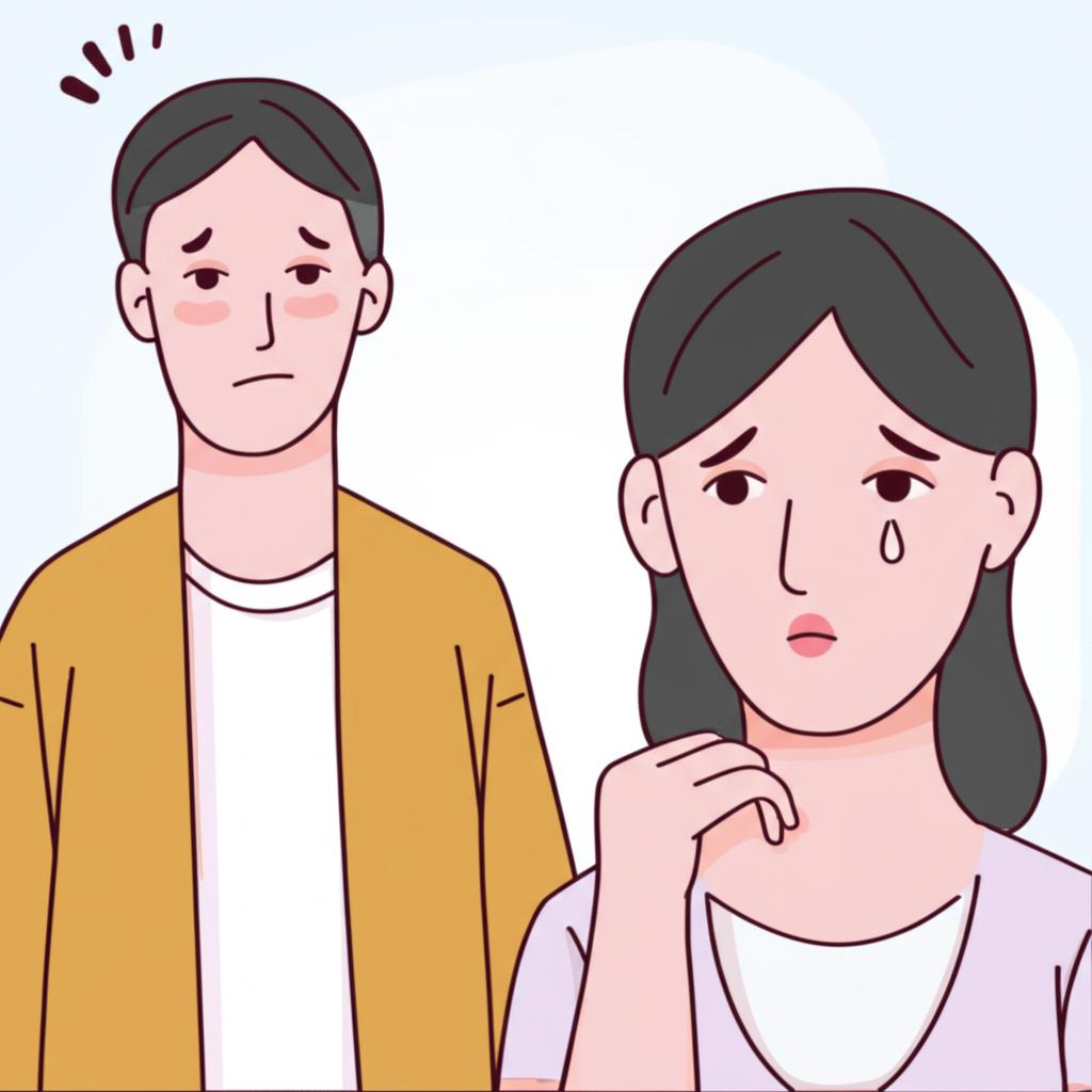 Illustration of a man feeling tired and low energy, looking at his wife with concern