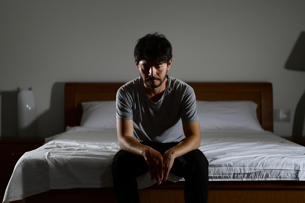 Man looking tired, sitting on bed at night