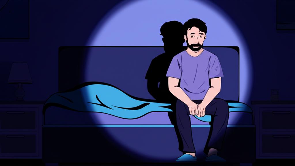 Man waking up tired at night to use the bathroom, illustrating frequent urination problem