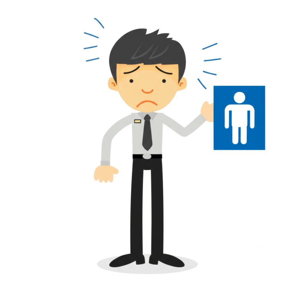 tired asian male office worker looking stressed, near a bathroom sign, low energy, illustration