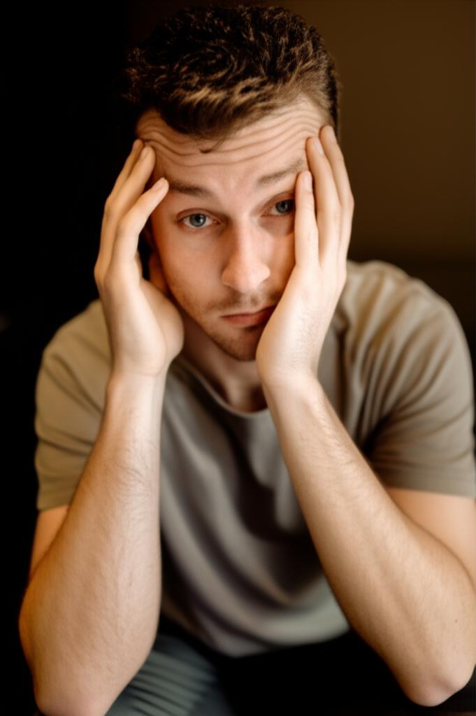 A man looking tired and stressed, sitting alone
