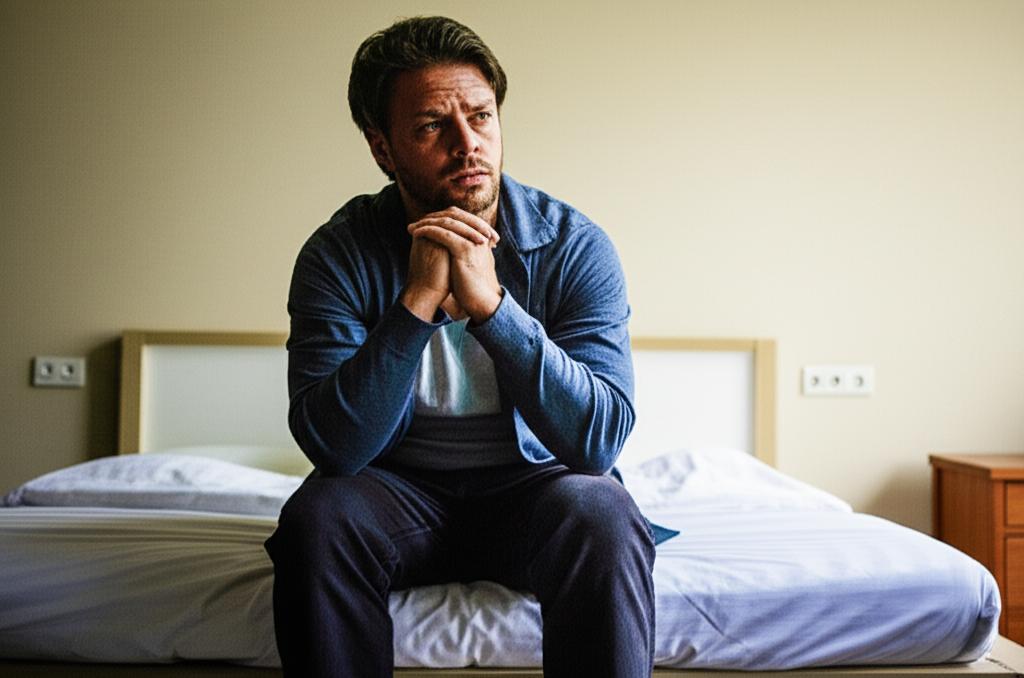 man looking tired after intimacy, feeling low energy, sitting on edge of bed, thoughtful expression, realistic photo