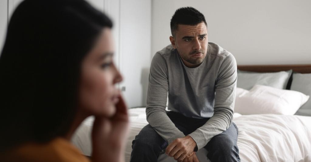 Illustration of a tired man sitting on a bed, looking stressed, with a partner looking concerned in the background. Realistic digital art.