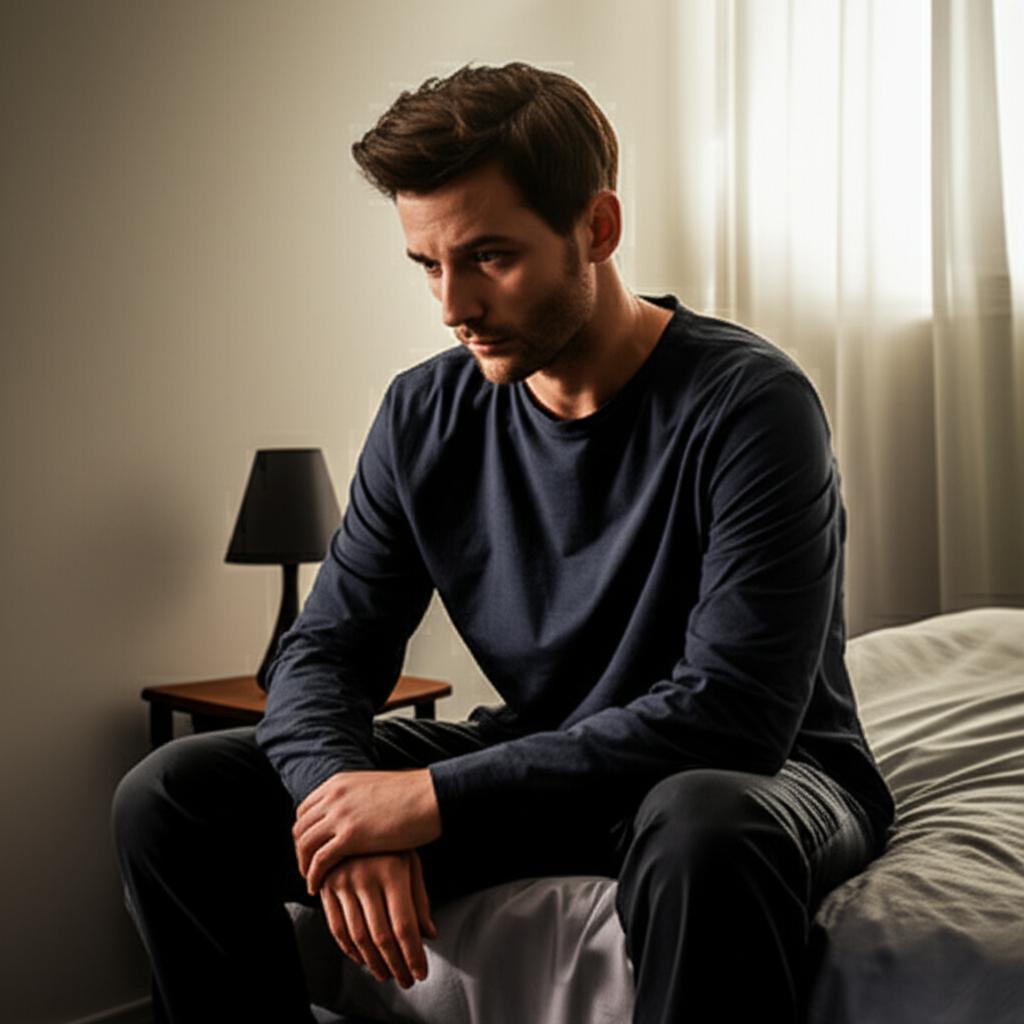 Man sitting tiredly on a bed after intimacy, looking thoughtful or disappointed, soft lighting, realistic style