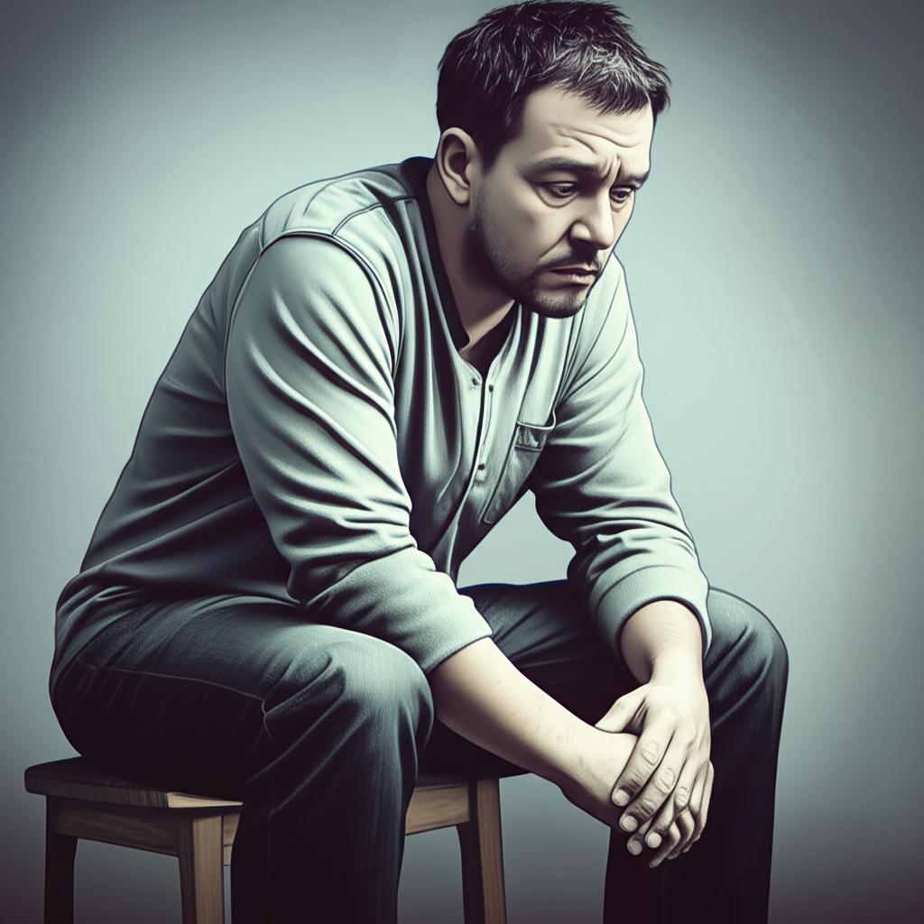 A man looking tired and worried, sitting alone, contemplating his relationship. Soft, slightly desaturated colors. AI generated.