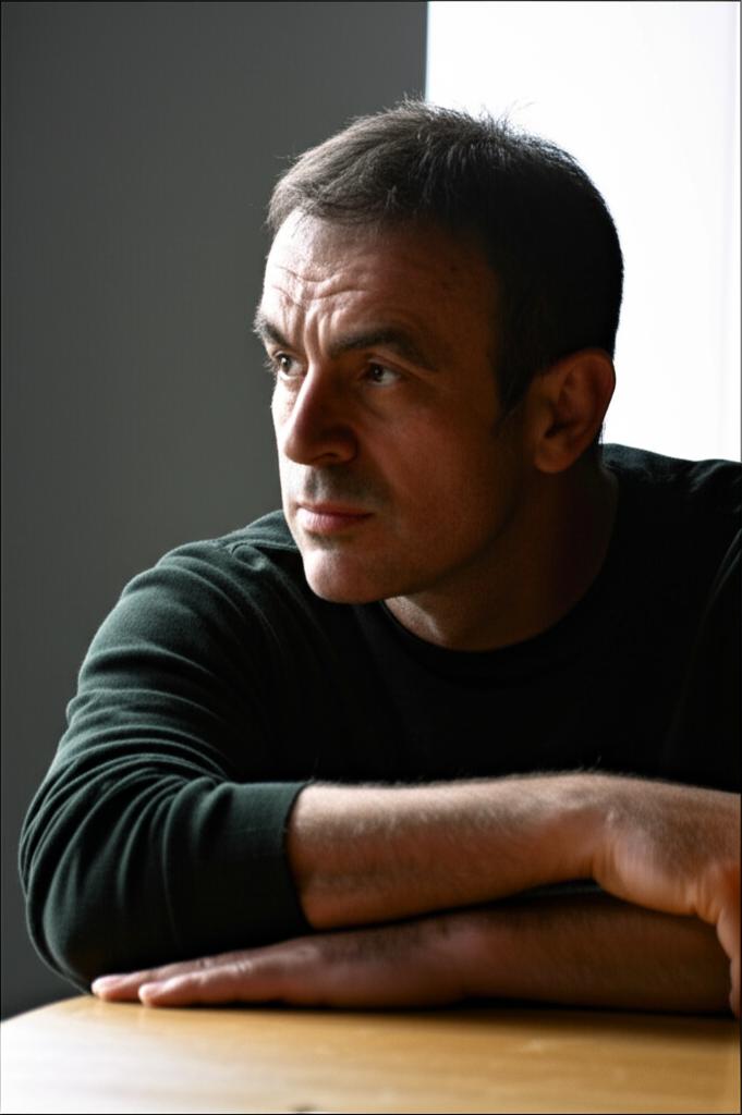 Middle-aged man looking thoughtful or slightly worried, sitting alone, maybe with a distant look, representing contemplation about past performance.