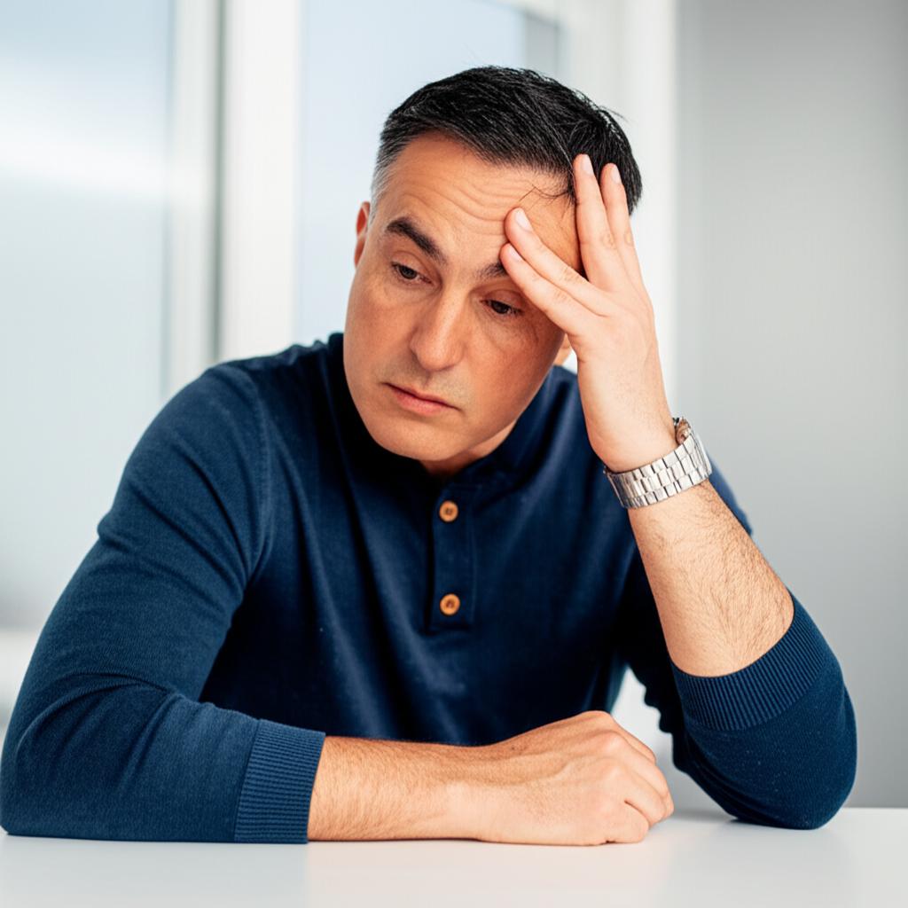 Stressed middle-aged man sitting alone, thinking about health problems