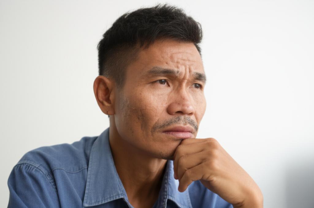 Middle-aged Thai man looking thoughtful, maybe a bit tired, sitting alone
