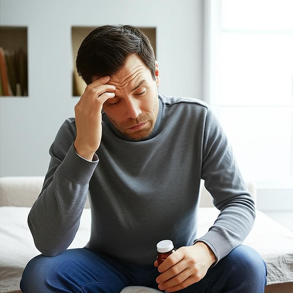 Man experiencing headache and dizziness after taking medication