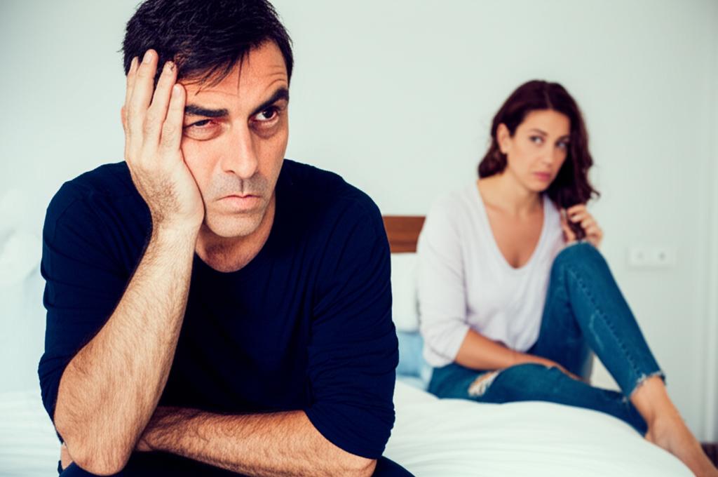 Middle-aged man looking tired and stressed, sitting on a bed with his partner looking distant, muted colors, realistic photo