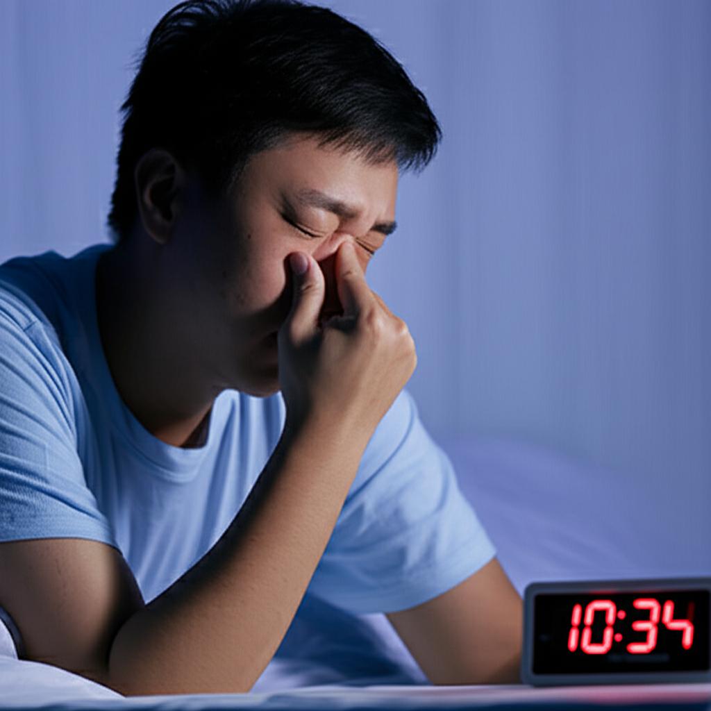 A tired Asian man rubbing his eyes while looking at a clock at night, illustrating sleep disruption due to frequent urination.