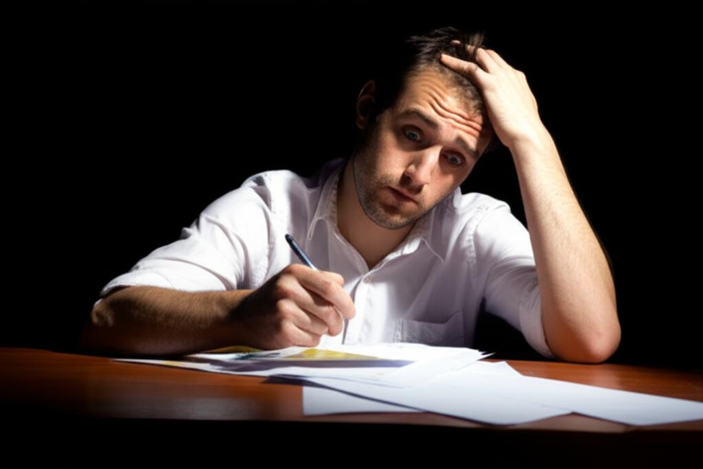 Tired man sitting at desk looking frustrated