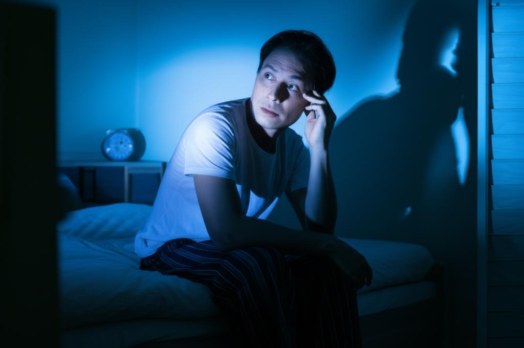 Tired man waking up at night to urinate