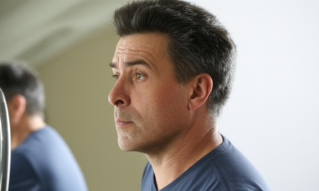 Middle-aged man looking thoughtful and slightly concerned, perhaps looking in a mirror or out a window, with a backdrop suggesting a home environment. Soft lighting.